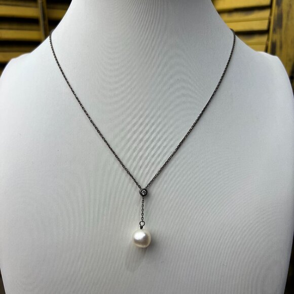 Sterling Silver, Pearl and Diamond Y Necklace - Picture 1 of 4